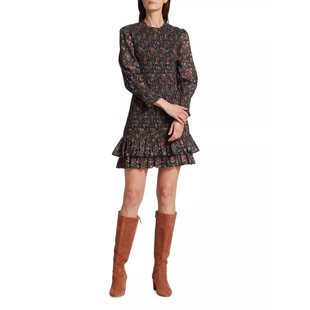 NWT Veronica Beard Farha Floral Smocked Minidress Sz 10 Ruffled Drop Waist Black